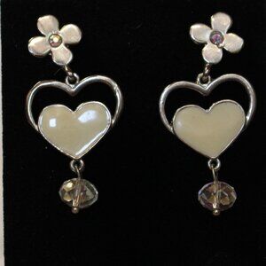 Enamel Heart Drop Earrings with Flower Top and Crystal Dangle Approx 1.75" Drop